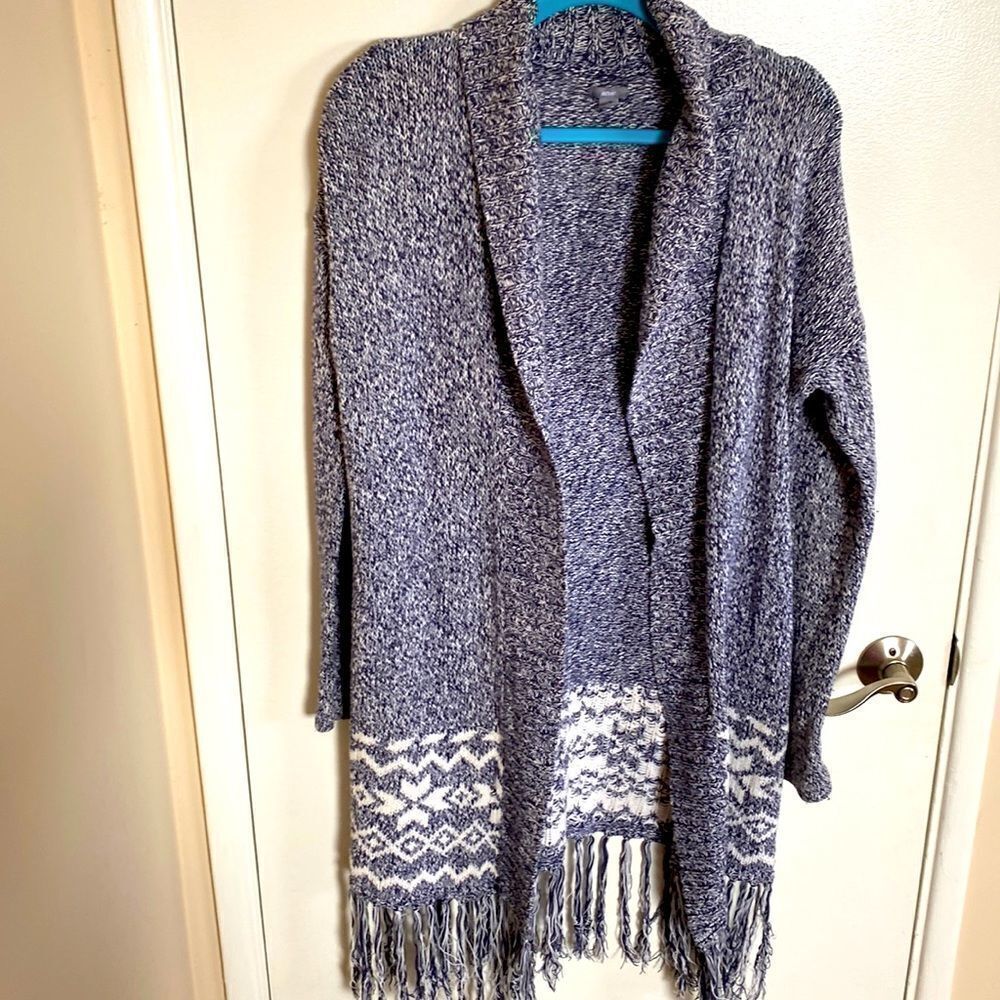 Aerie-blue and white open cardigan with fringe- Size medium